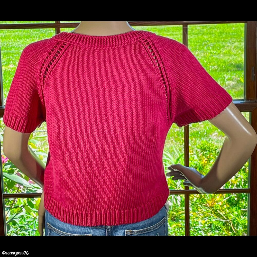 ▪️ANNE KLEIN▪️Dark Hot Pink Cotton Short Sleeve One-Button Cardigan Top - Picture 2 of 5